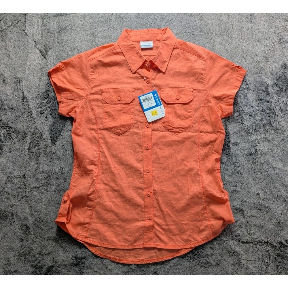 Columbia Short Sleeve Button Up Top Women's Size Large Orange